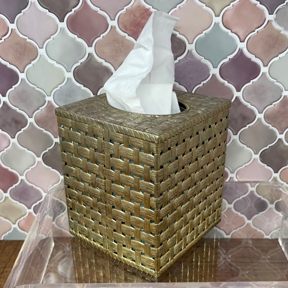 Vintage Brass Tone Woven Metal Tissue Box Cover Strawberry Floral - Picture 4 of 15